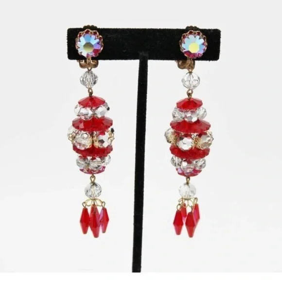 Vintage Red AB Crystal Rhinestone Statement Dangle Earrings - Picture 1 of 4